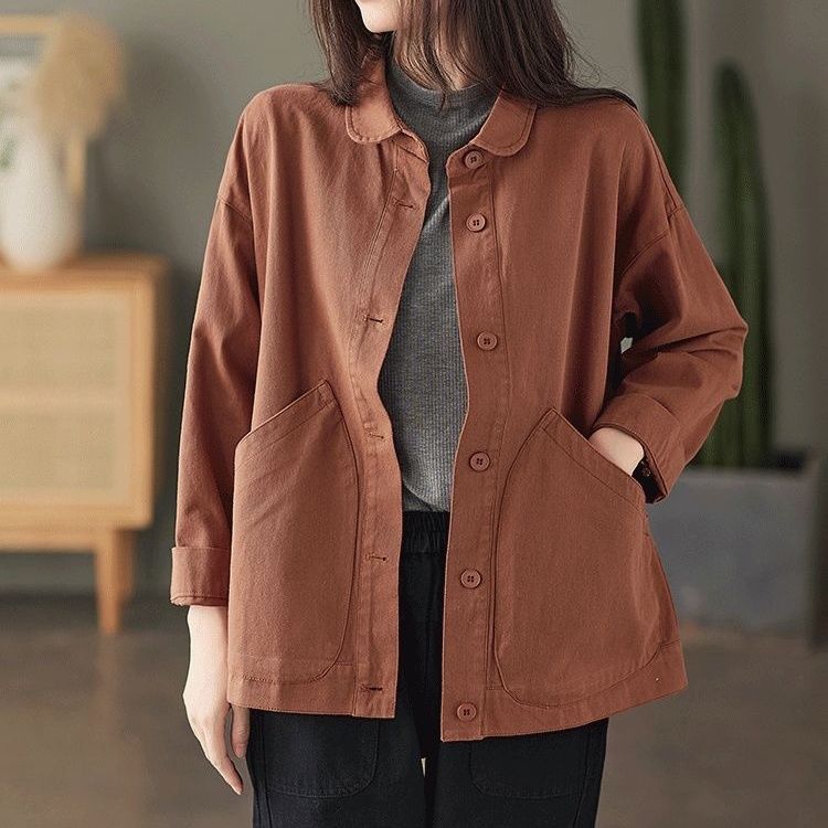 Сезон Искусство Ретро Простой Твил Твердый Карман Однобортный Свободный Повседневный Женская Рубашка Пальто Весна Осень