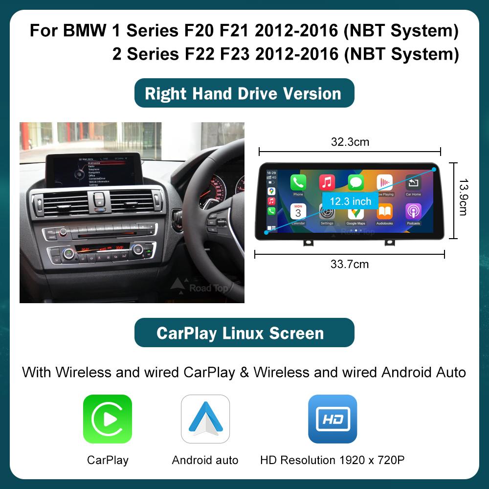 CN RoadTop 12.3 Wireless CarPlay Multimedia Screen For BMW Series 1 2 3 4 F20 F21 F22 F45 F30 F31 F32 F33 F45 NBT EVO 2012-2019