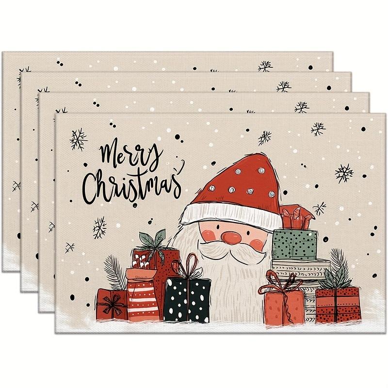 4pcs/6pcs Winter Christmas Placemats, Santa Claus, Colorful Gift Boxes, Snowflake Washable Linen Table Mats, Suitable for Kitchen Dining Table Decor,