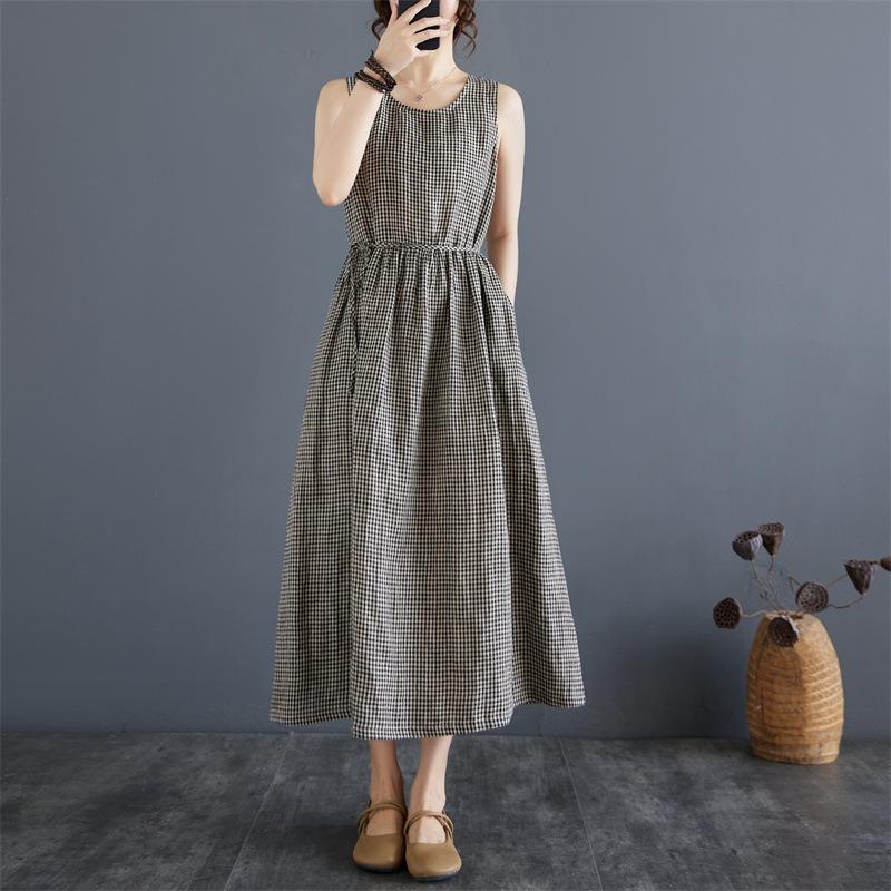 Vintage Plaid Tank Dress Crew Neck Sleeveless Base Dress Women's Long Summer Dress
