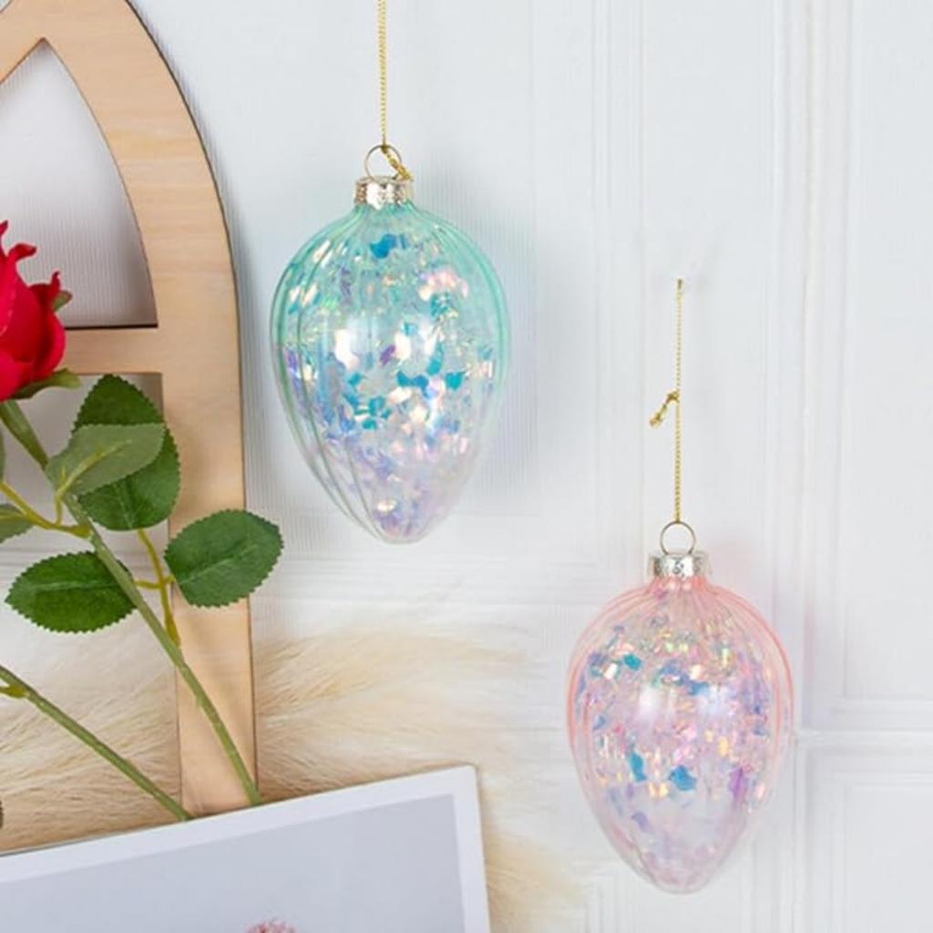 Glass Easter Egg Ornaments Stained Glass Easter Egg Ornaments Hanging Iridescent Ball Glitter Easter Eggs Pastel Egg Spring Tree Decorations,2pcs