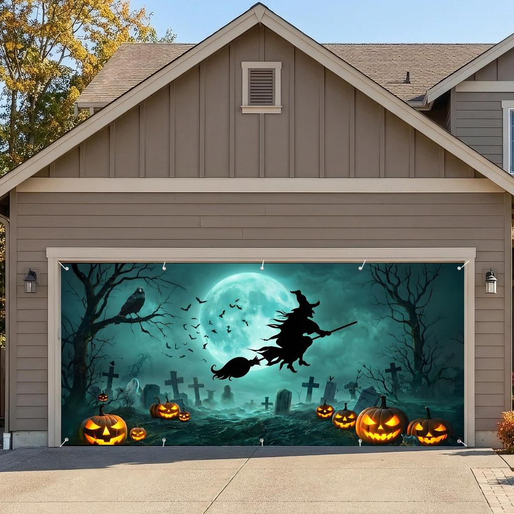 16 x 7 FT Halloween Garage Door Cover Decorations – Witch Moon Graveyard Gara...