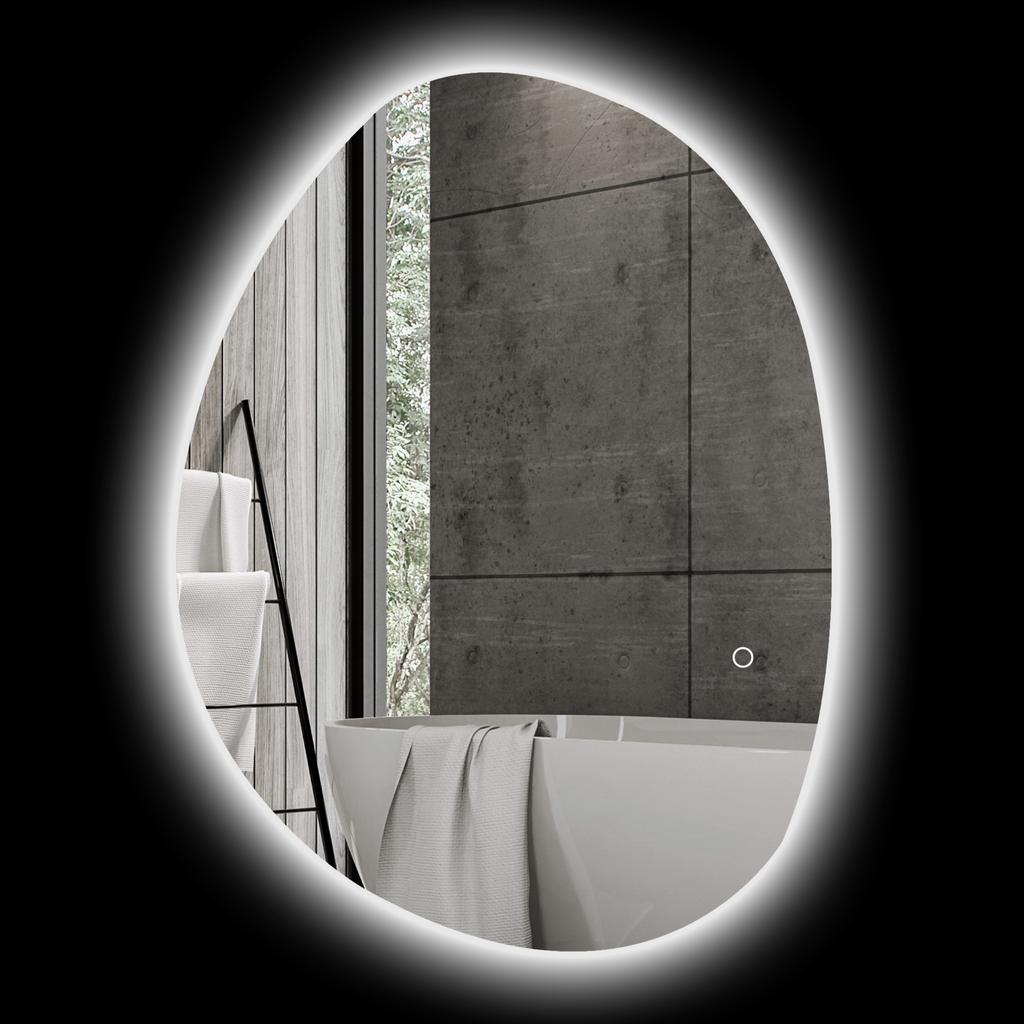 Illuminated Bathroom Mirror, Asymmetrical Shape, 80 x 60 cm, LED Lights, 3 Light Colors, Anti-Fog Function, Silver