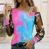 Plus Size Women Asymmetric Shoulder Long Sleeve Top Vibrant Tropical Blossom Print Mesh Lace Splicing Blouse
