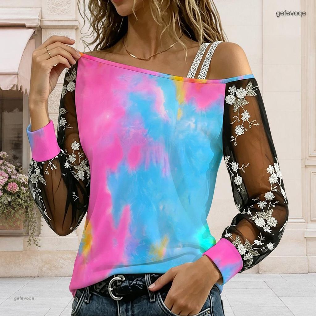 Plus Size Women Asymmetric Shoulder Long Sleeve Top Vibrant Tropical Blossom Print Mesh Lace Splicing Blouse