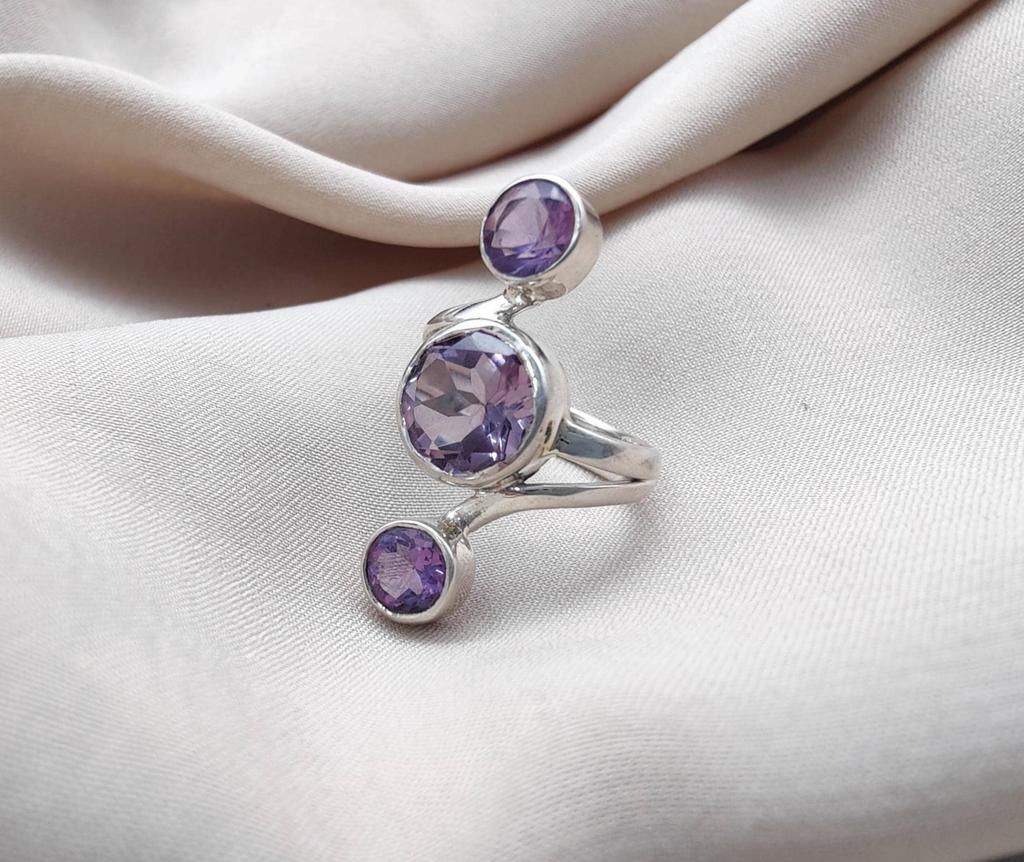 Amethyst 3-Stone Ring: Sterling Silver February Birthstone, Handmade