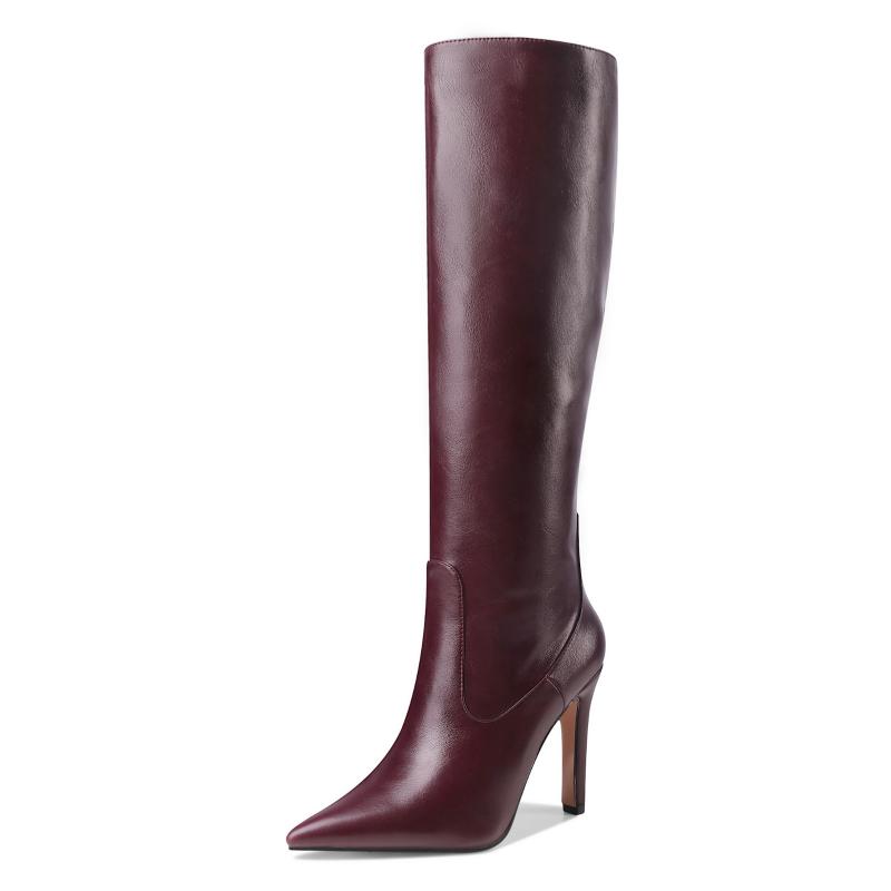 Модные западные ботфорты до колена Женская мода Острый носок Высокий каблук Женские туфли для вечеринок Женские зимние длинные сапоги Кожа Элегантная осень