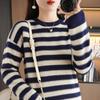 Color Blocking Knitted Sweater with Black and White Striped Long Sleeved Sweater Women's Top Base Shirt