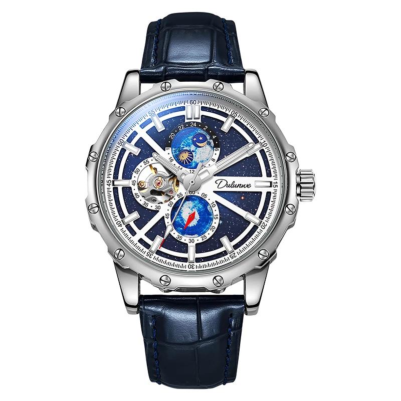 Dulunwe Мужские автоматические механические полые механические часы звездное небо наручные часы водонепроницаемые деловые наручные часы