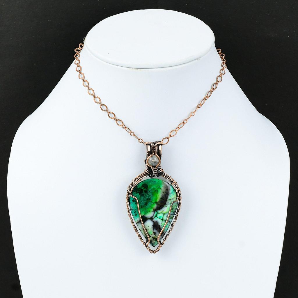 Green Dendrite Opal Pendant Copper Wire Wrapped Pendant Rainbow Moonstone Pendant Handmade Gemstone Jewelry Designer Pendant Copper Jewelry
