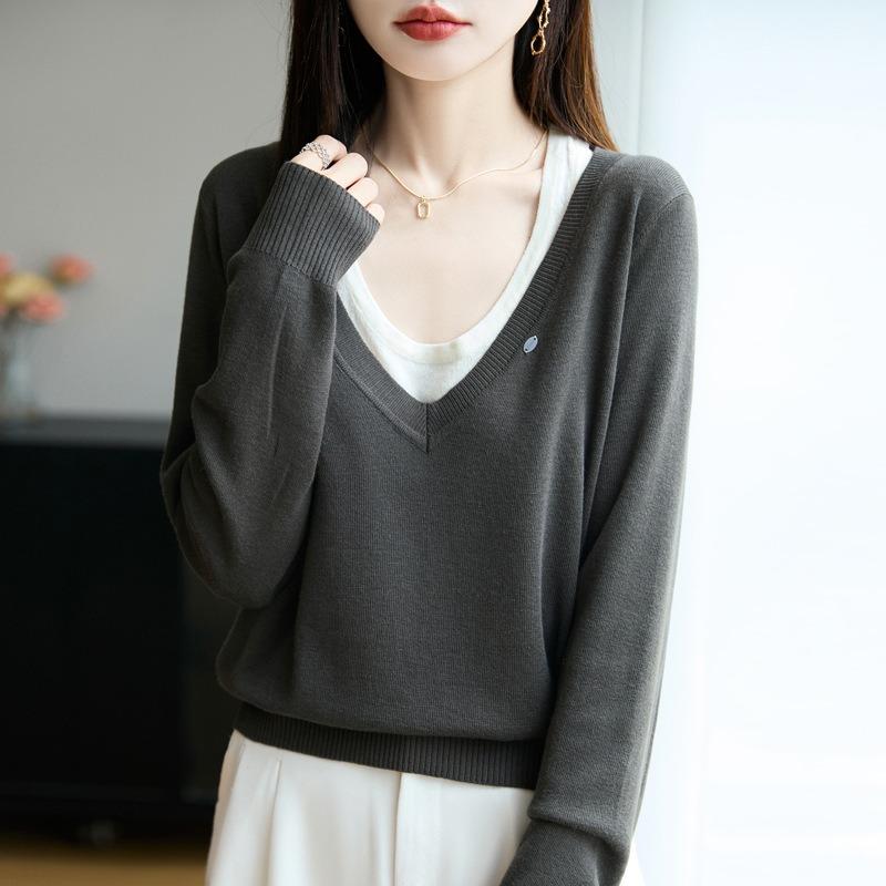 Women S V Neck Fake Two Piece Knit Sweater Long Sleeve Casual Top