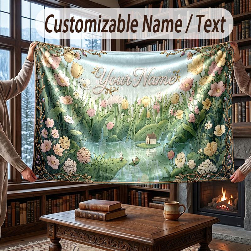 Floral Garden Theme Throw Blanket Custom Name Text Personalized Blanket Soft Cozy Blanket for Home Sofa Bed