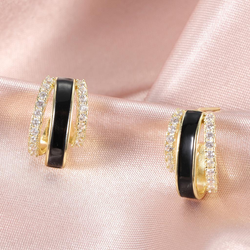 Classic Everything Fashion Light Luxury Temperament Copper Plus Zircon Geometric Dripping Oil Earrings Advanced Sense of Small Simple Earrings