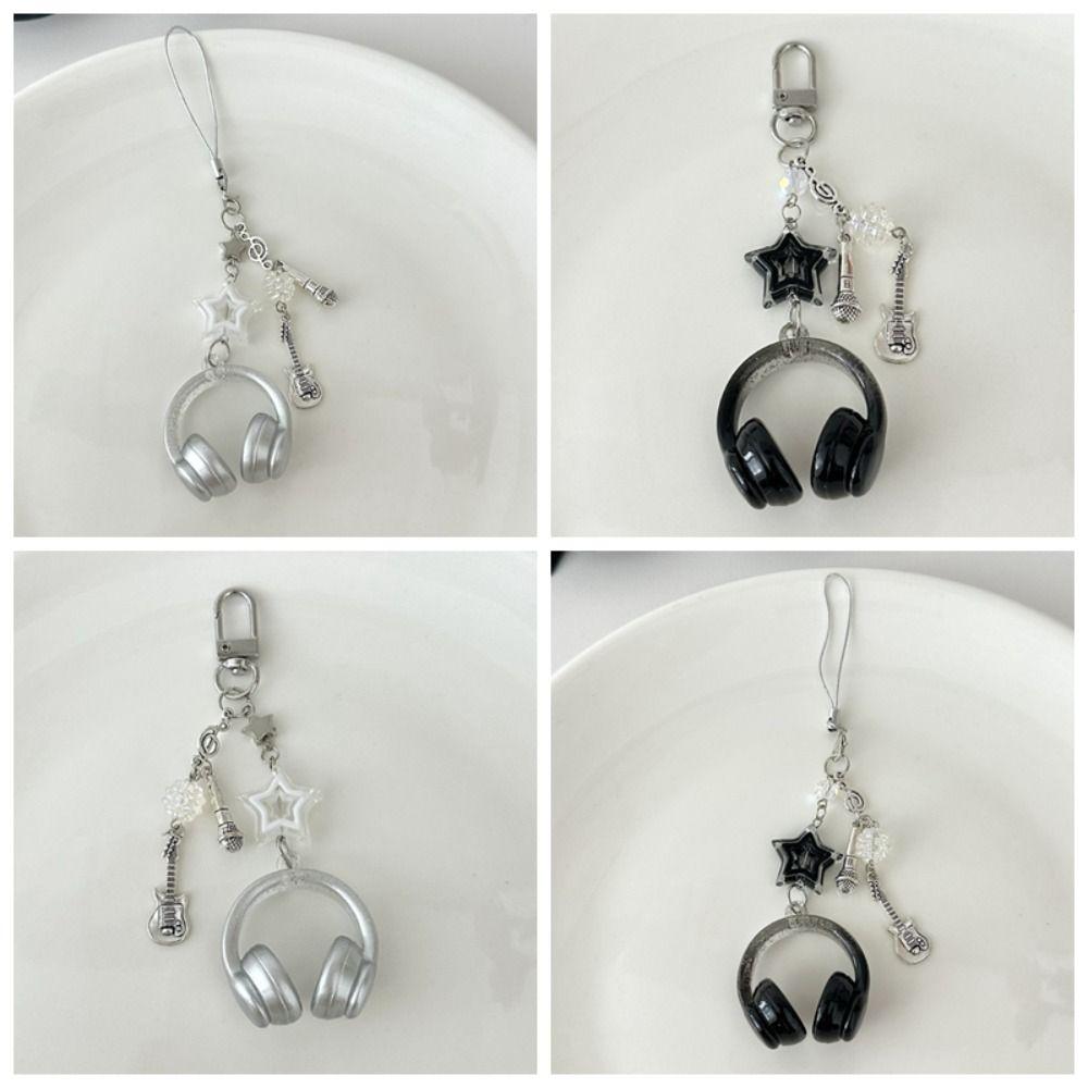 Phone Chain Earphone-shaped Keychain Glitter Microphone Pendant Cool Y2K Guita Pendant Bag Hanging