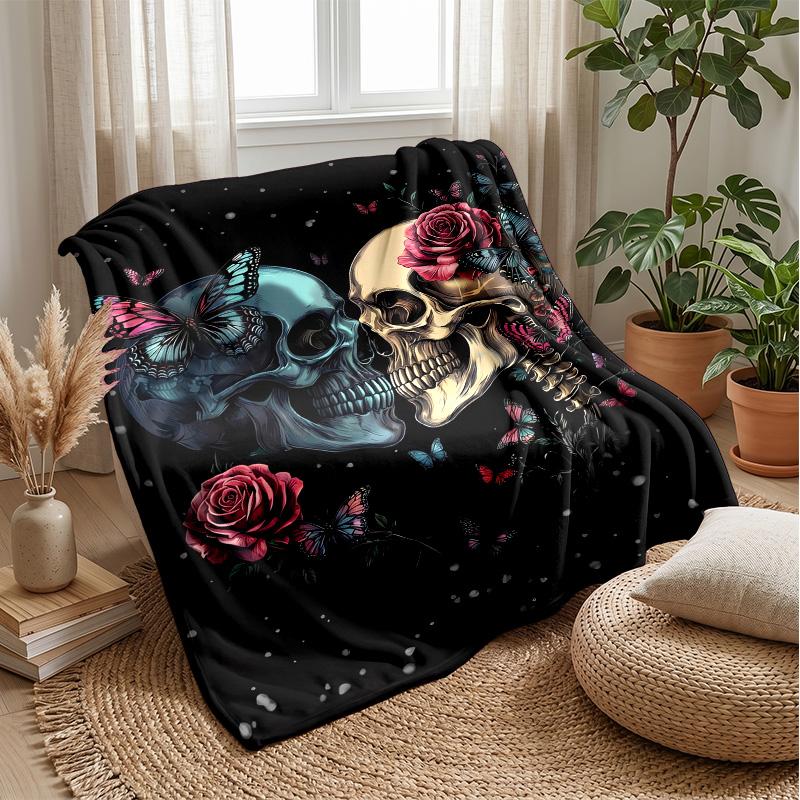 Skulls, Roses, and Butterflies Theme blanket Lightweight Warm Flannel Blanket Decorative Throw Blanket for Home Decoration