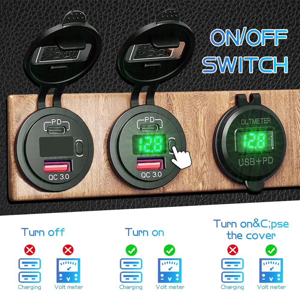 60 Вт PD Тип C/QC 3.0 USB зарядное устройство с выключателем розетка адаптер питания водонепроницаемый для 12 В 24 В автомобиля грузовика лодки автофургона мотоцикла