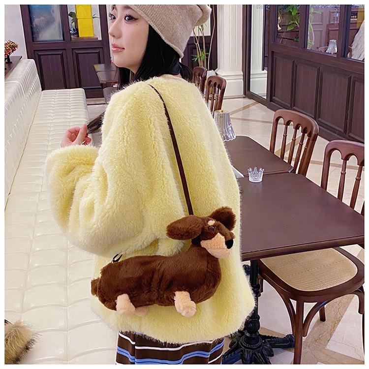 Cute Plush Dog Bag With Colorblock Design And Nylon Lining For Womens Fashion