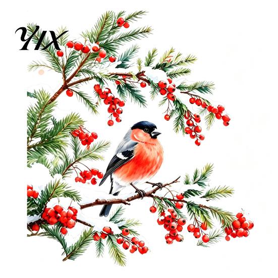 Home Window Art Bullfinch And Red Berries Static Glass Sticker, Watercolor Winter Bird Decal, Christmas Decorations Removable PVC Cling for