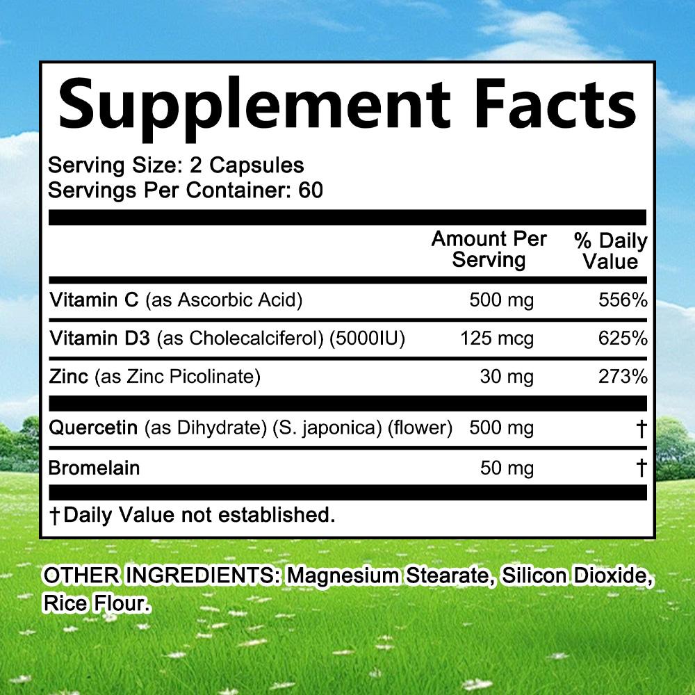 Zinc Quercetin 500 mg, containing Vitamin C, D3 and bromelain, 120 capsules, vegan formula.