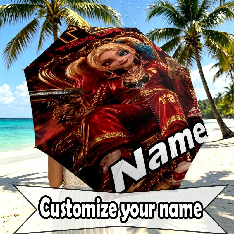 Custom Name Personalized Harley Quinn Joker Print Umbrella, Auto Open Close, 8‑Rib Sturdy Frame, Commute Camping Hiking Use, Birthday Gift