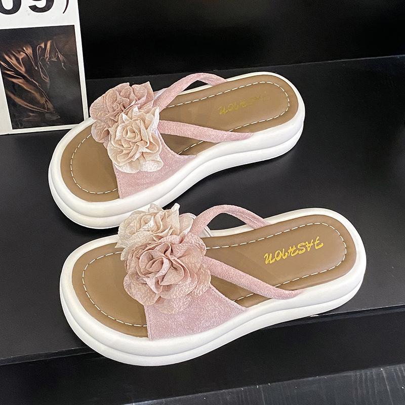 Двухцветные тапочки на платформе с цветочным узором, женские, лето 2025, новая корейская версия, фея, ветер, плоская подошва, студенческая мода, пляжные, классные тапочки