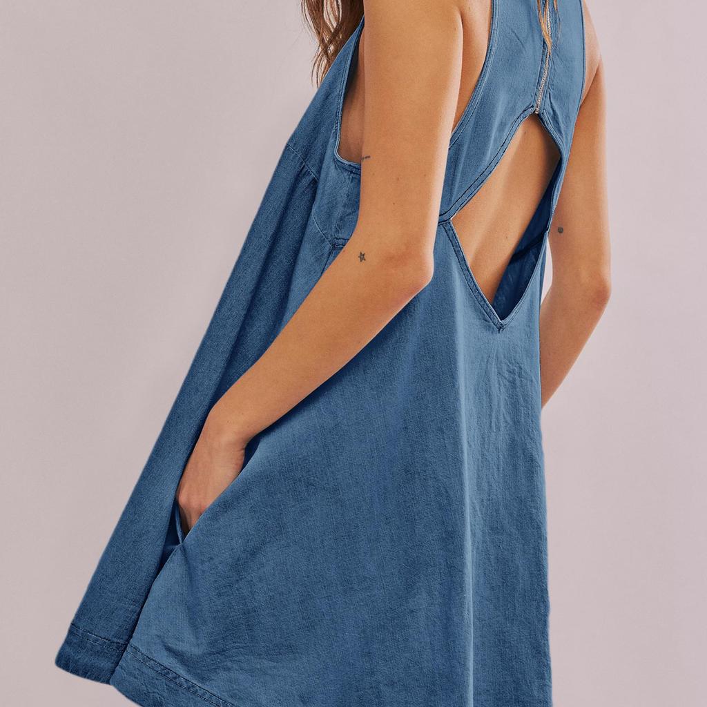 Backless Dress 2026 Denim Dress Women's Summer New Casual Sleeveless Halter Short Skirt A-line Skirt