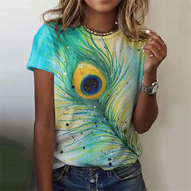Top Women Feather Art Printed Women's T-Shirt Oversized T-Shirt Youthful Women Clothing Animal Short Sleeve Tees Female Shirt