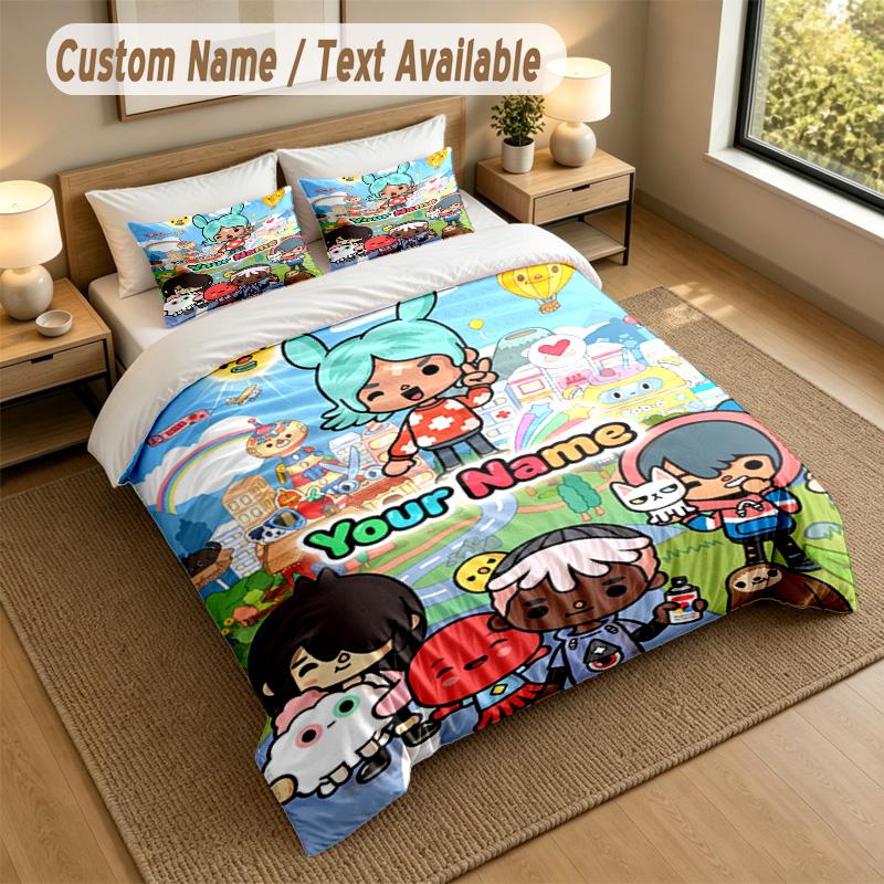 Custom Name Text Bedding 3Pcs Set,Toca Boca 1 Duvet Cover 2 Pillowcases Soft Bed Linen For Gift