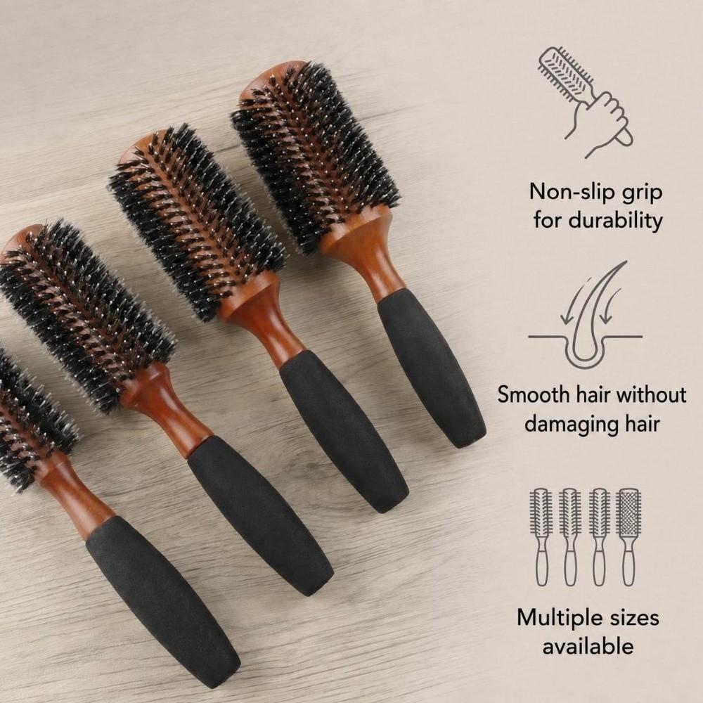 5 Sizes Round Hair Brush Wooden Handle Hair Comb Professional Boar Bristle Brush Salon Use