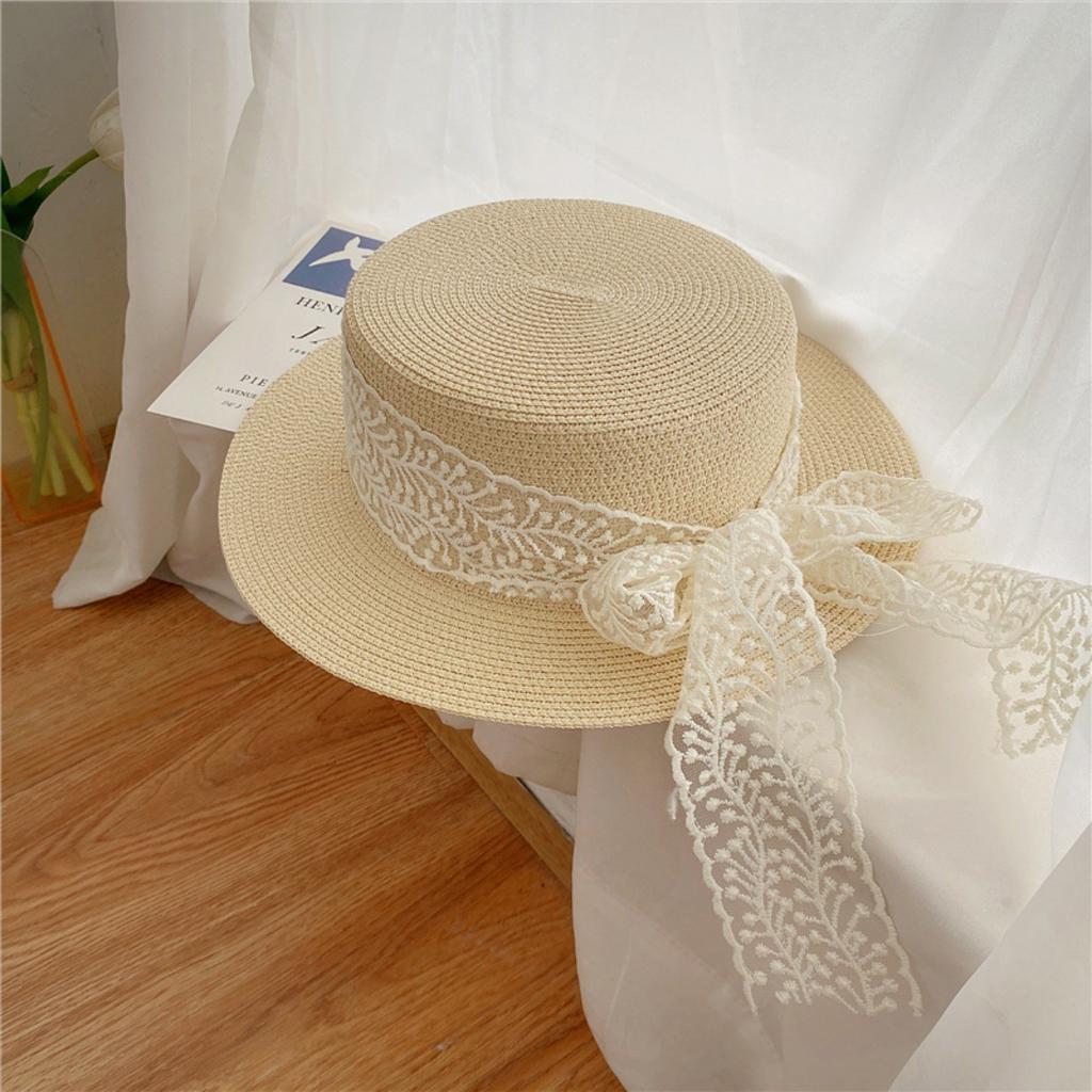 Pastoral Style Fashionable Versatile Flat Top Lace Sun Hat Woven Straw Sun Hat for Outings Sun Protection Large Brim