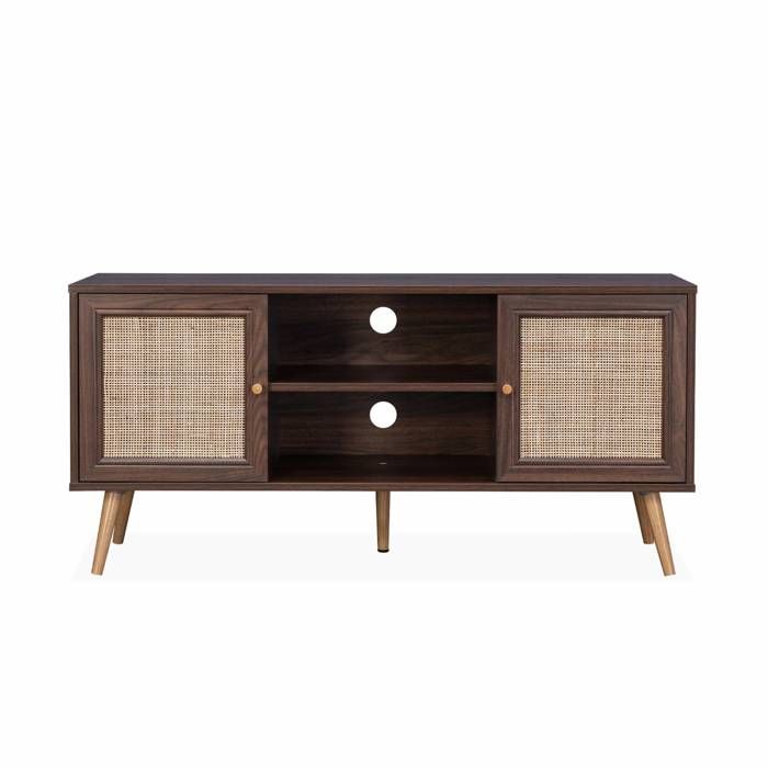 Meuble TV en cannage 120x39x56.5cm - Bohème - couleur bois foncé. 2 niveaux. 2 étagères. 2 portes. pieds scandinaves