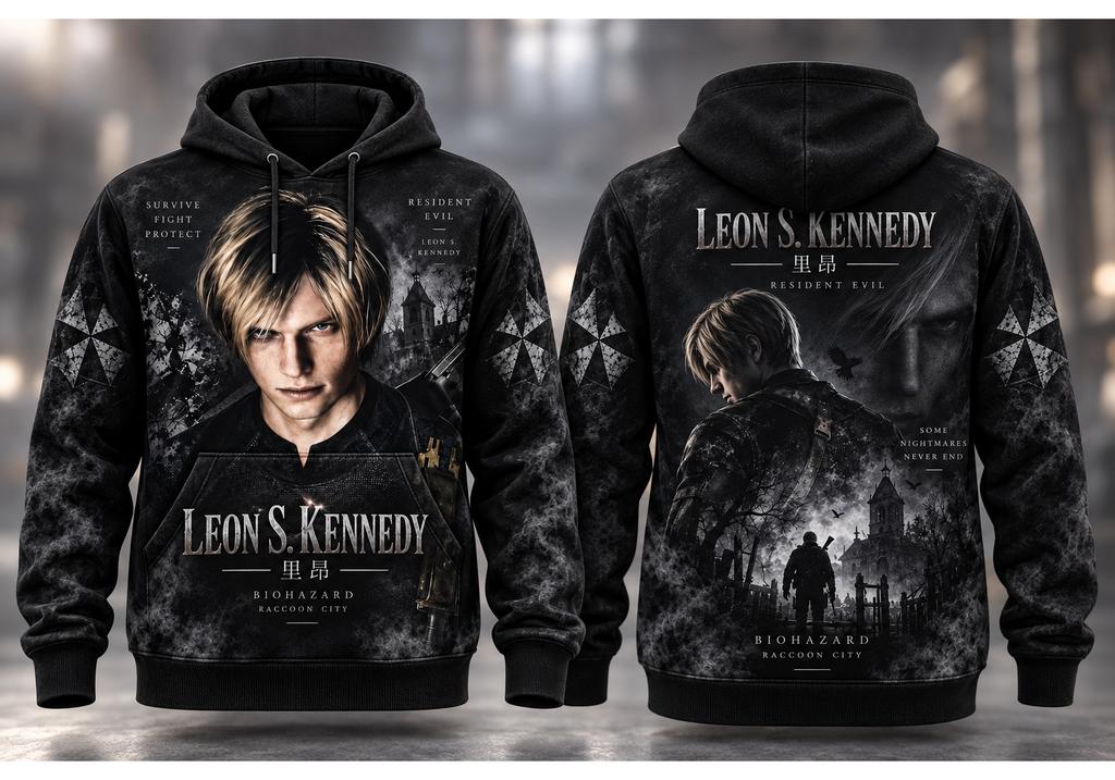 Resident Evil Leon S. Kennedy 3D Full Print Double Sided Hoodie Game Character Portrait Unisex Casual Streetwear Sweatshirt