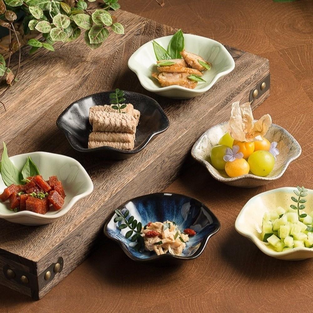 Lotus-shaped Ceramic Dipping Dish Retro Seasoning Plates Decorative Dessert Plate Party