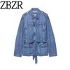 Для экспорта Новое поступление Женская одежда ZR Модный стиль Модный элегантный пояс Длинная джинсовая куртка-пальто 5252271