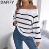 Женская мода повседневная осень-зима полосатый принт длинный рукав одно плечо свитера