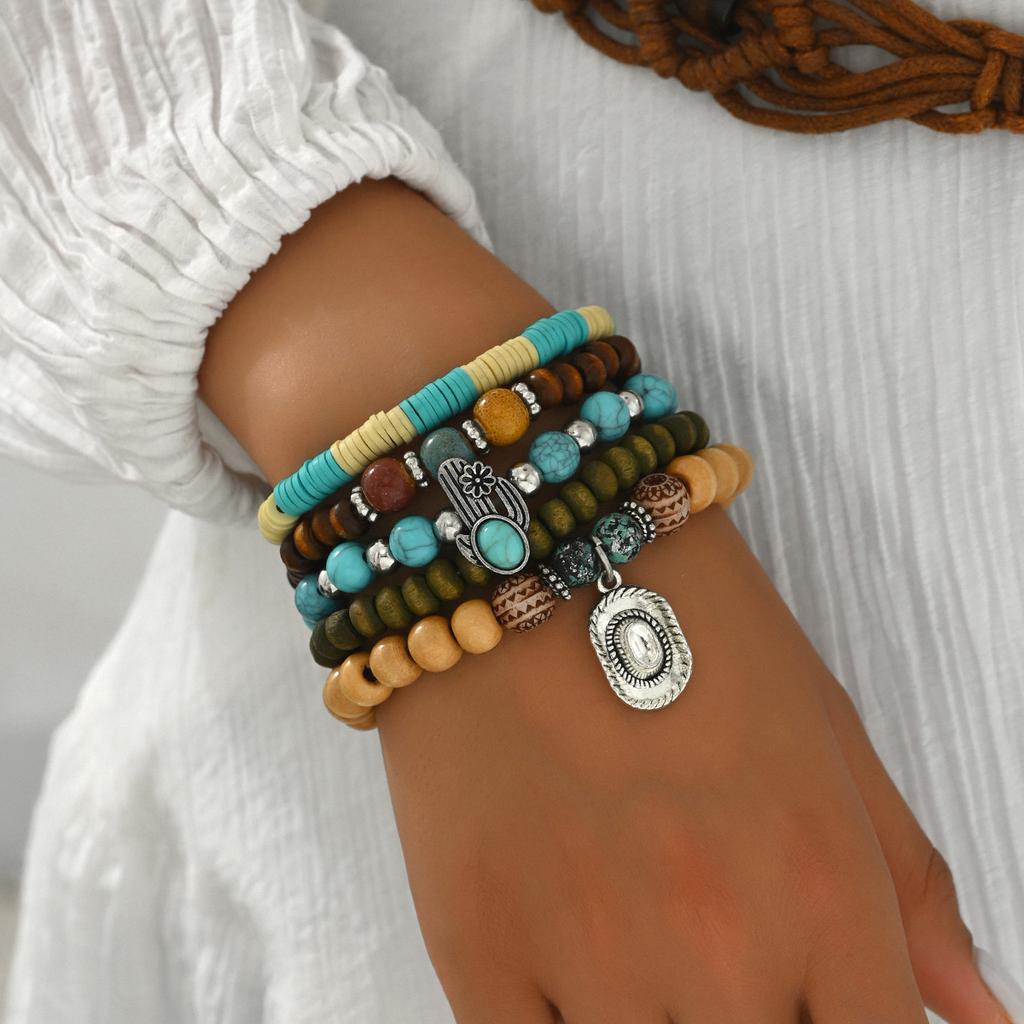 Bohemian Turquoise Beaded Bracelet Set Middle Eastern Prayer Beads Handmade Adjustable Ethnic Stacking Vacation Bracelets