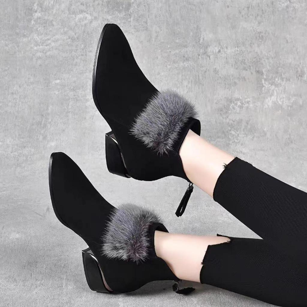 Fashion Short Boots Women Buckle Decoration Shoes Thick Heel Pointed Winter Warm Ankle Boot Casual Elegant Suede Boot