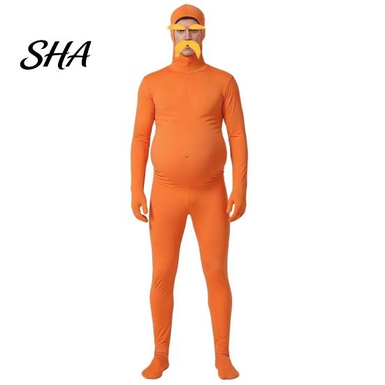 Halloween Cosplay Outfit Orange Full Bodysuit for Kids Adults, with Belly, Yellow Mustache & Eyebrows, Open Face Zentai Suit Men Women Suit,