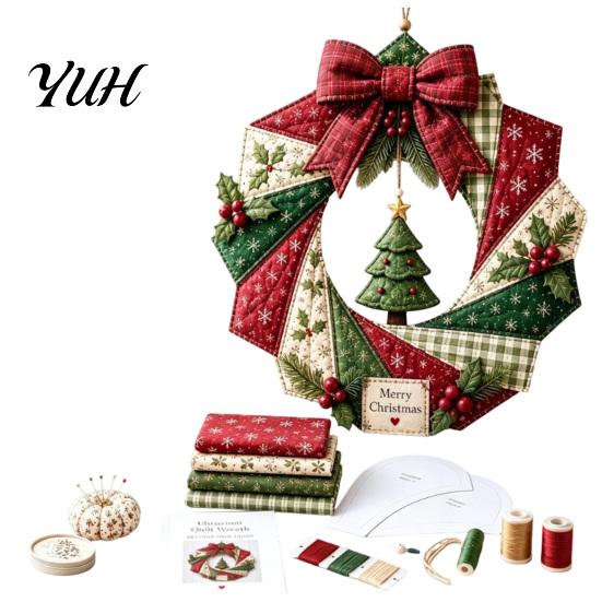 Creative Handmade Wreath Set Christmas Fabric DIY Kit, Patchwork Beginner-Friendly Holiday Craft Decorative Kit Decoration for Front Door, Wall Decor,