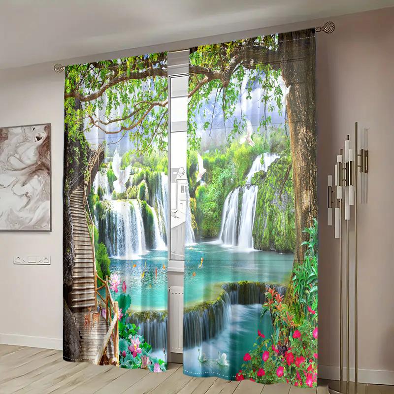 2 шт., шторы с изображением водопада и природного пейзажа - карманы на штангах, легко подвешиваются - гостиная, спальня, украшение дома