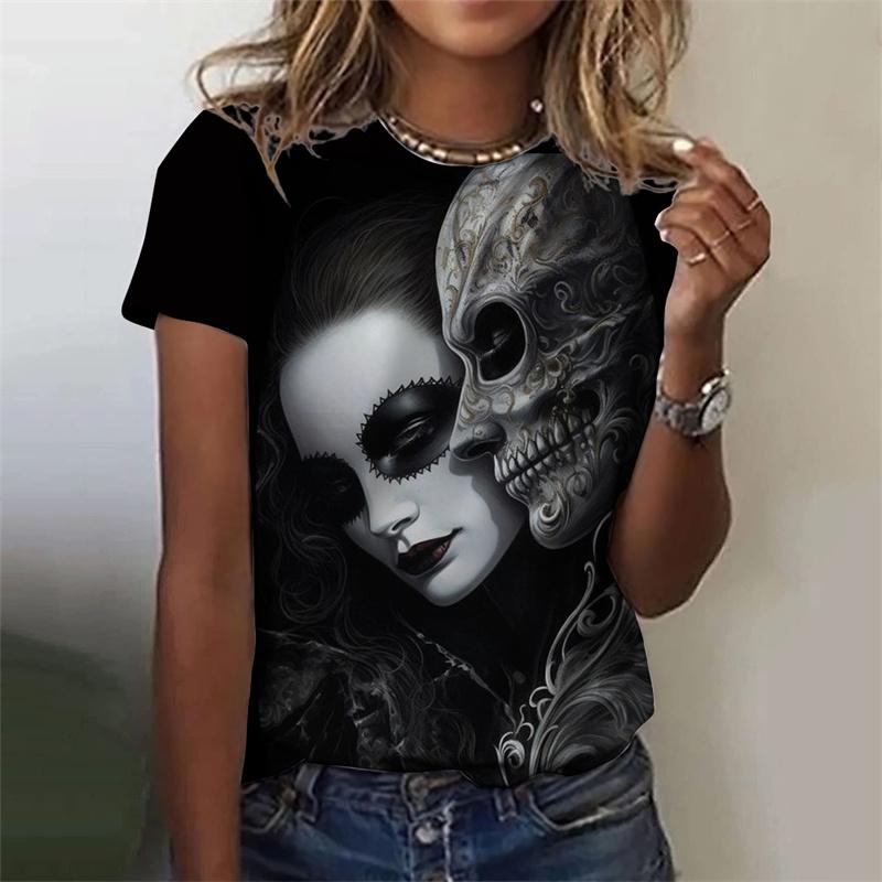 Футболка с рисунком черепа ужасов нежити для женщин, футболки с 3D-принтом для таинственной девушки, летние свободные топы с круглым вырезом, футболки с коротким рукавом