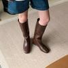Французское увеличение внутренней высоты, но женские ботфорты 2025 новые тонкие ботфорты квадратный носок плоская подошва рукав рыцарские сапоги