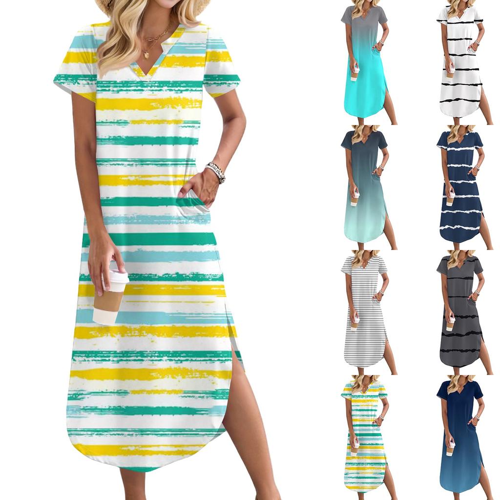 Женское длинное платье-рубашка с V-образным вырезом, повседневное, с коротким рукавом и свободным разрезом