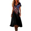 Women’s Short Sleeve V Neck Maxi Dress with Floral Print and Flag Pattern Casual Loose Fit Summer Dress
