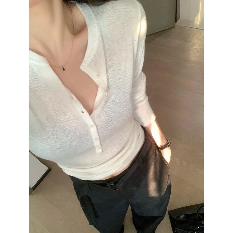 Button half open neck ice silk knitted long-sleeved shirt women's summer thin soft waxy slim slim bottom top