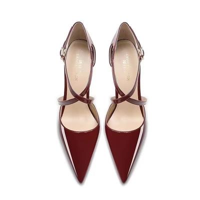 2025 весна и лето новые французские босоножки на шпильке с перекрестными ремешками женские с пряжкой на одном ремешке бордовые ажурные сандалии