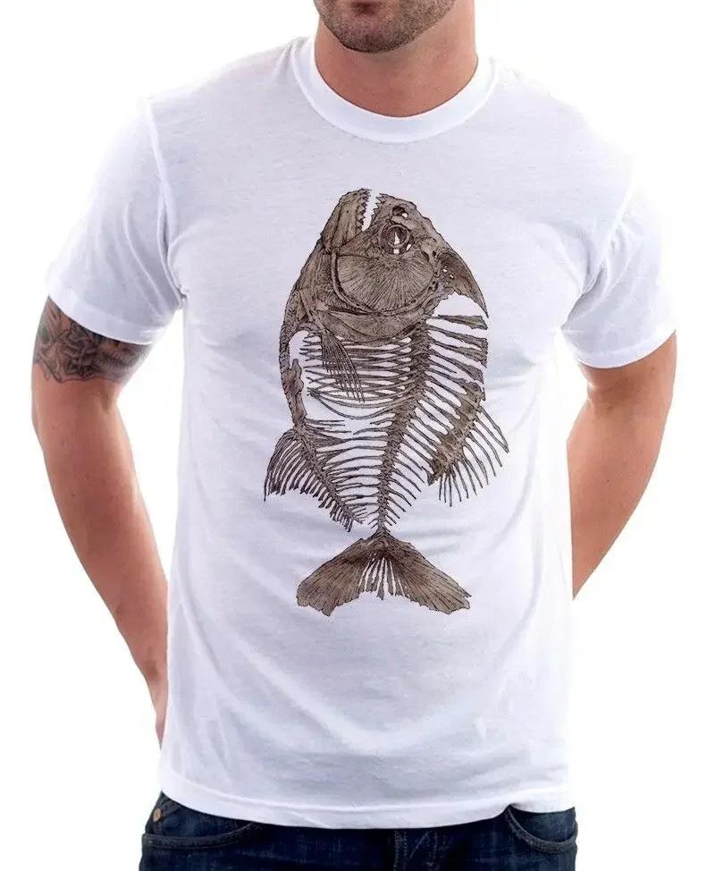 Piranha Fish Skeleton Bone Angler White TShirt Cotton ONeck Short Sleeve Mens T Shirt New Size S3XL