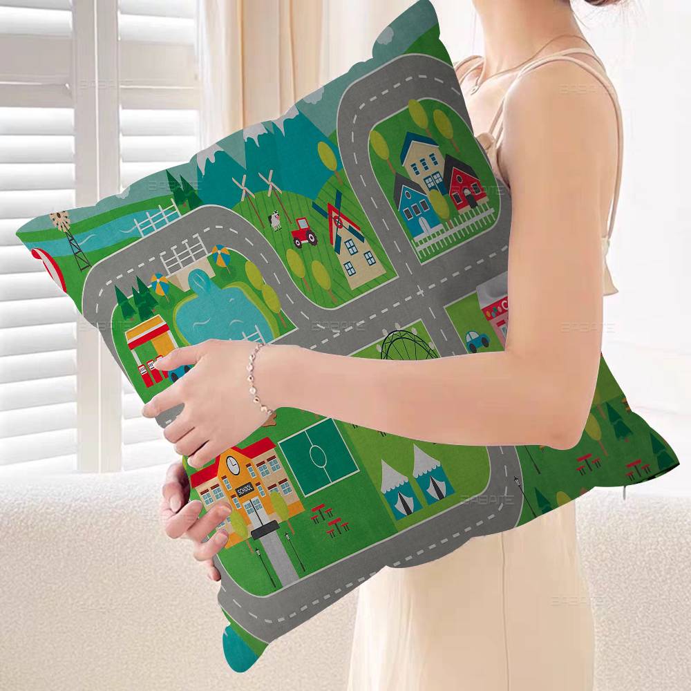 Cartoon Road Cushion Cover Car Throw Pillow Case For Sofa Car Christmas Gift 40x40cm 45x45cm