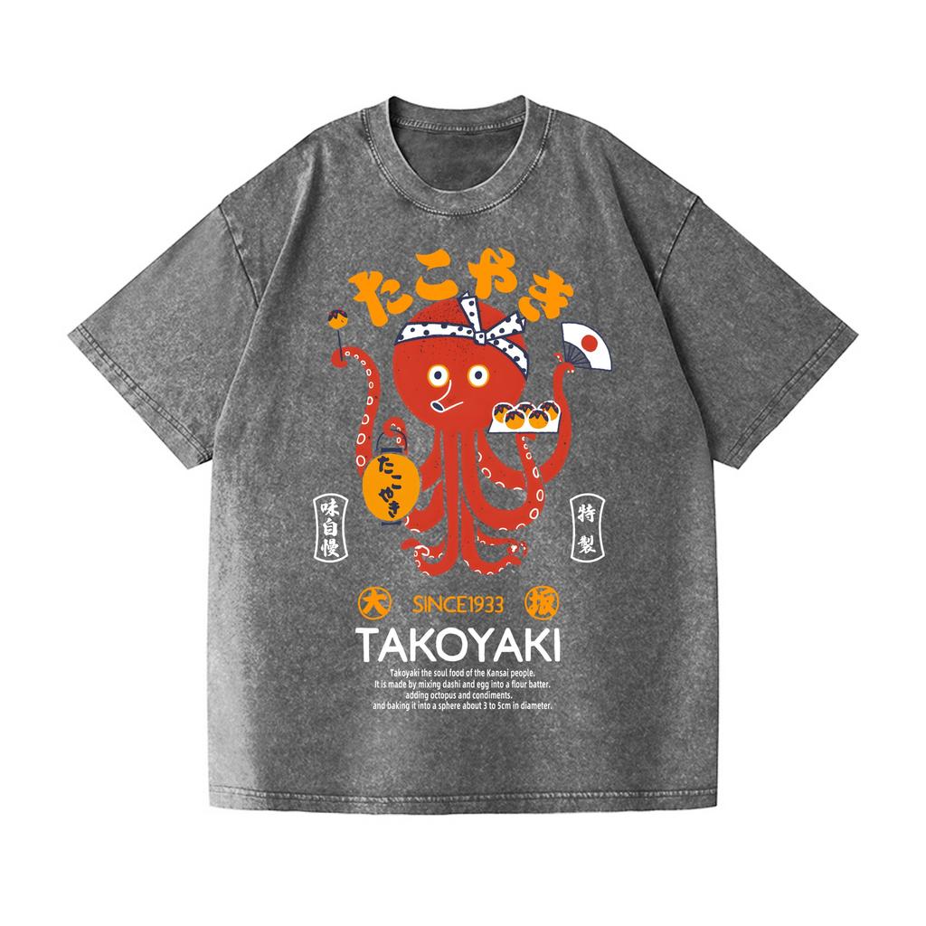 Мужская футболка Takoyaki Винтажная стирка Японский дизайн Смешная с принтом Октября Короткий рукав Круглый вырез Летняя Тяжелая футболка