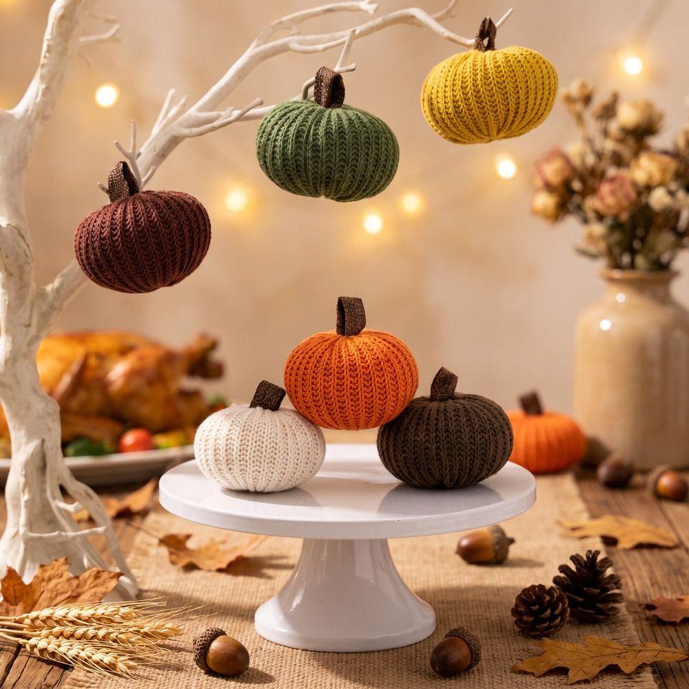 6Pcs Knitted Fabric Fall Harvest Pendant DIY Craft Fabric Pumpkin Decor Thanksgiving Decor